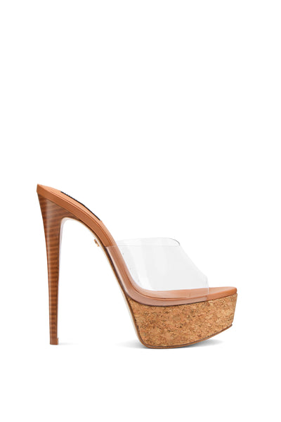 KENNY | COGNAC/CORK/CLEAR/STACKED HEEL